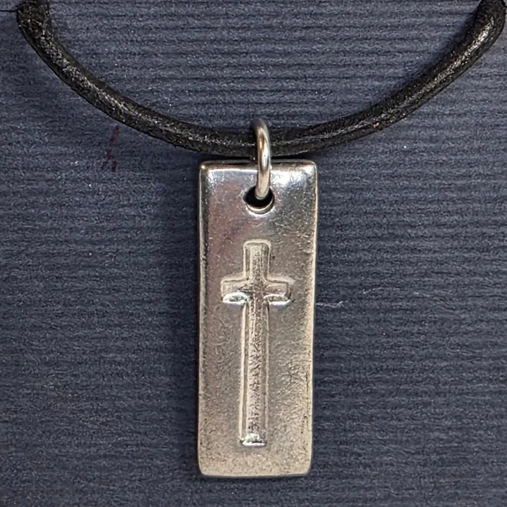 Cross Necklace 100% Pewter Contemporary Tag Pendant Charm On Black Leather Cord